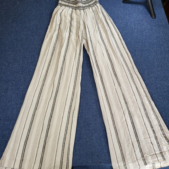 Rewash Pants - Rewash Womens XS Linen Blend Wide Leg Smocked Waist Striped Pants Beige Black